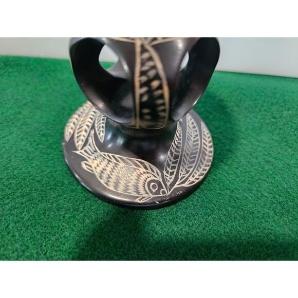 Vintage set of hand carved black soapstone candleholder Fish and Leaf Motif - Picture 3 of 10